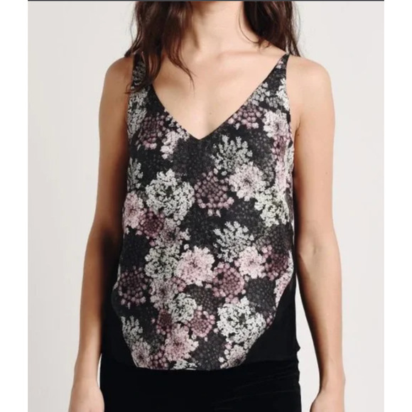 J Brand Women M Lucy Floral Silk Camisole Adjustable Straps Sheer Back Black - Picture 1 of 10